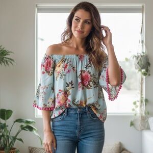 Grand & Greene Floral Off-Shoulder Blouse - Blue and Pink